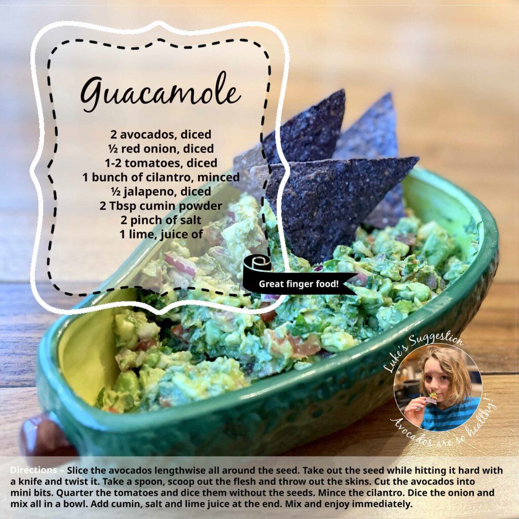 Picture of a full bowl of guacamole with some chips dipped in. The recipe is included at the bottom.